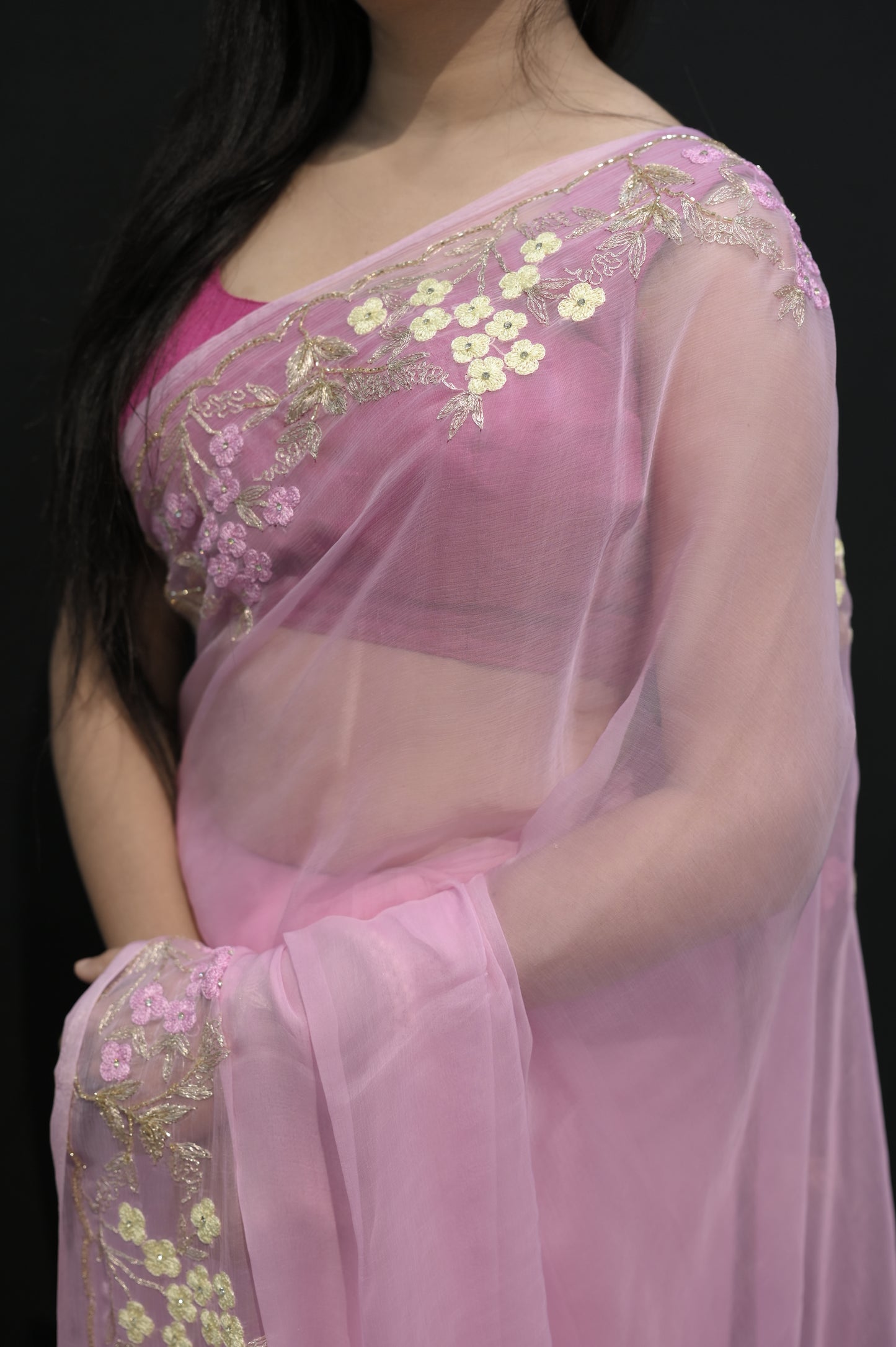 Blush Pink Net Saree with Floral Embroidery