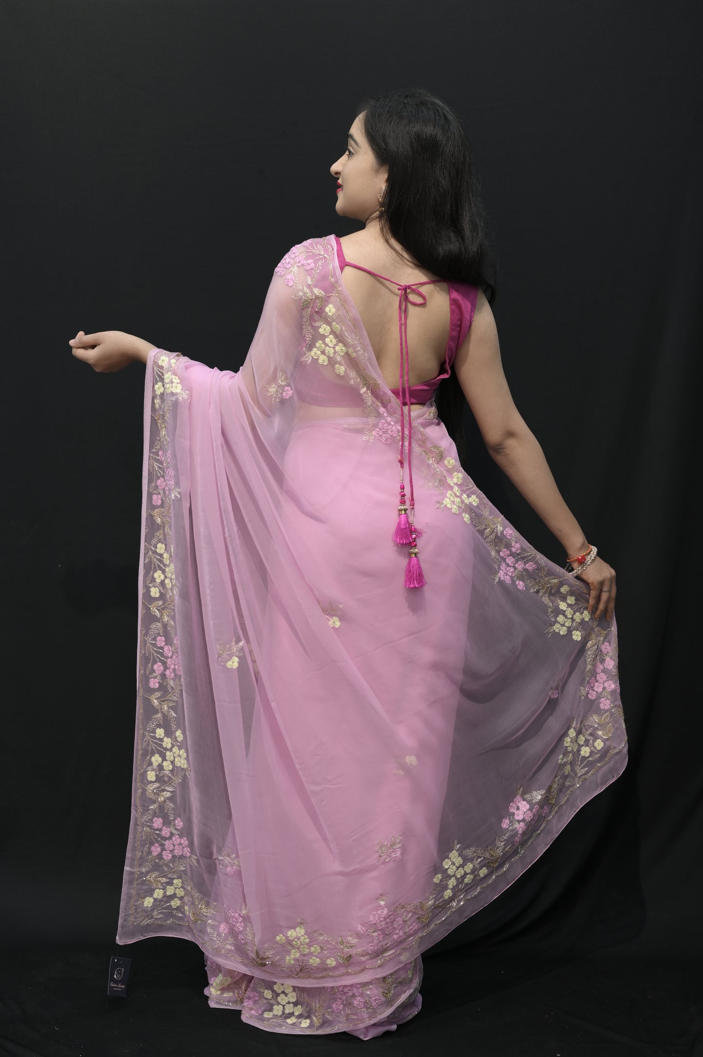 Blush Pink Net Saree with Floral Embroidery