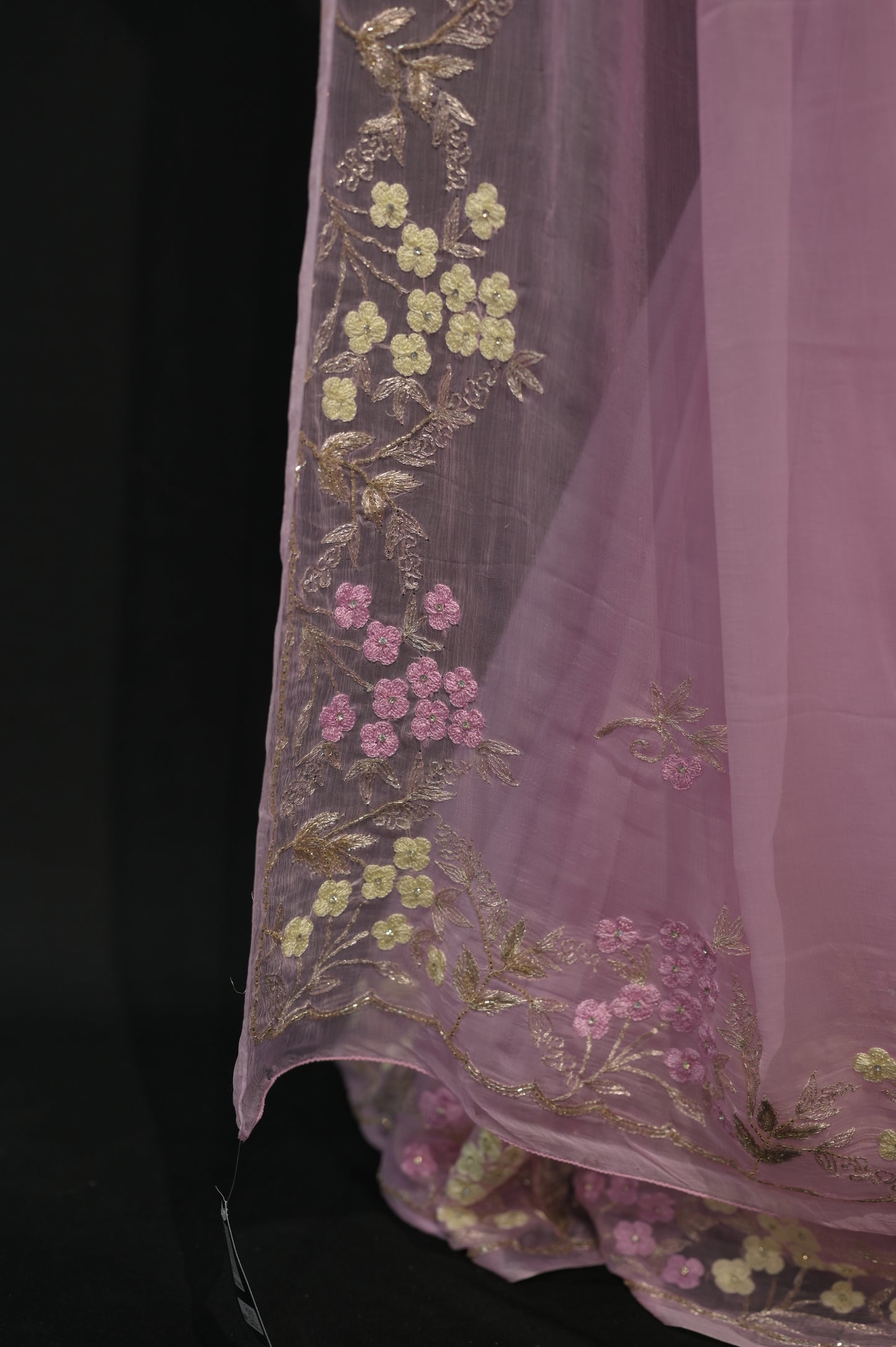 Blush Pink Net Saree with Floral Embroidery
