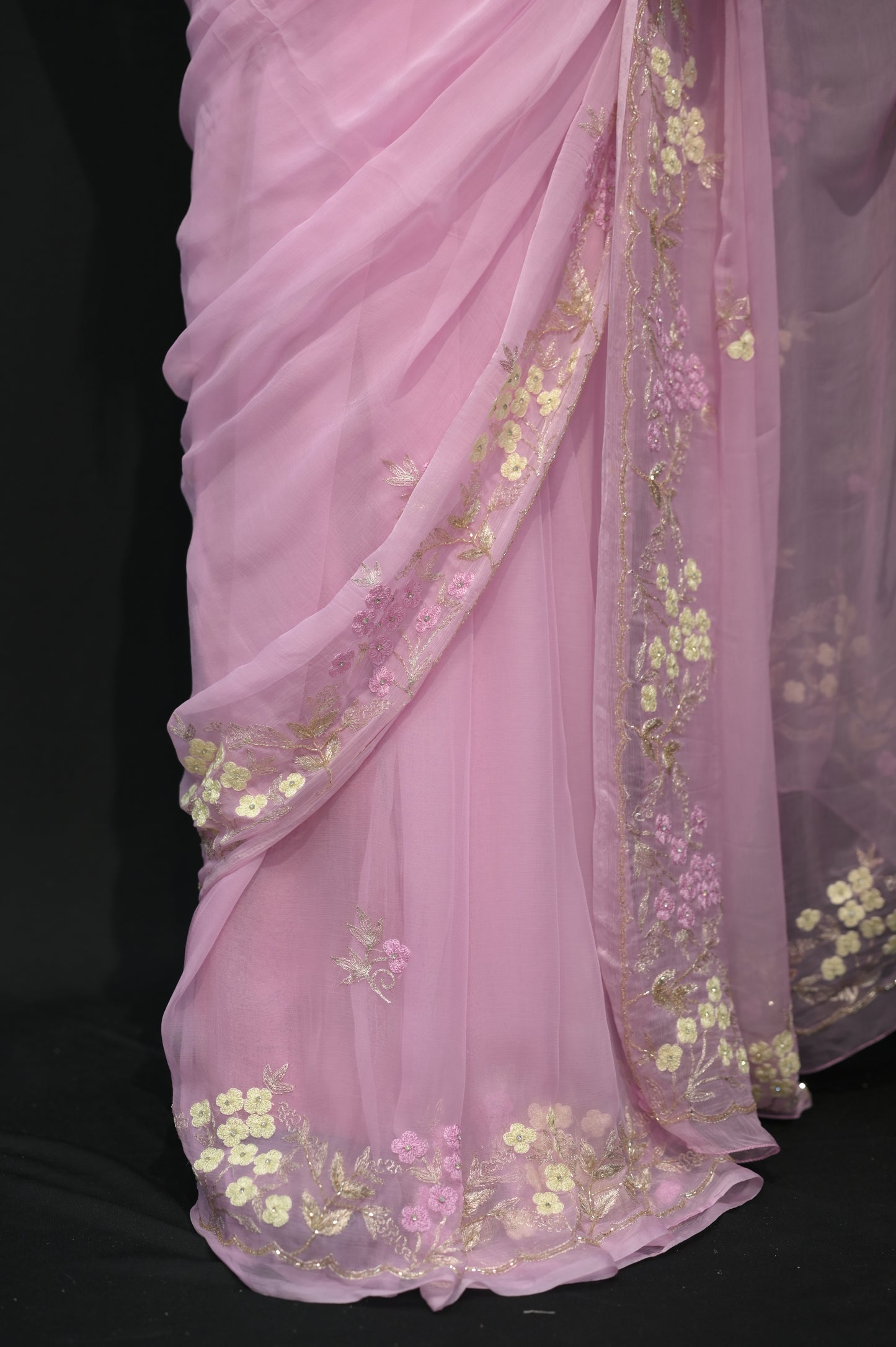 Blush Pink Net Saree with Floral Embroidery