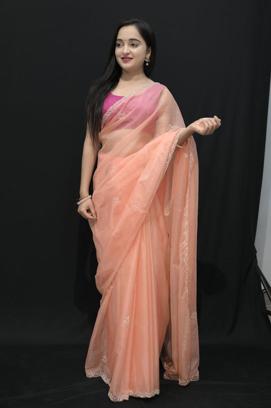 Peach Organza Saree with Subtle Embroidery