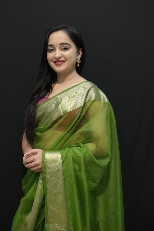 Emerald Green Silk Saree with Golden Zari Border