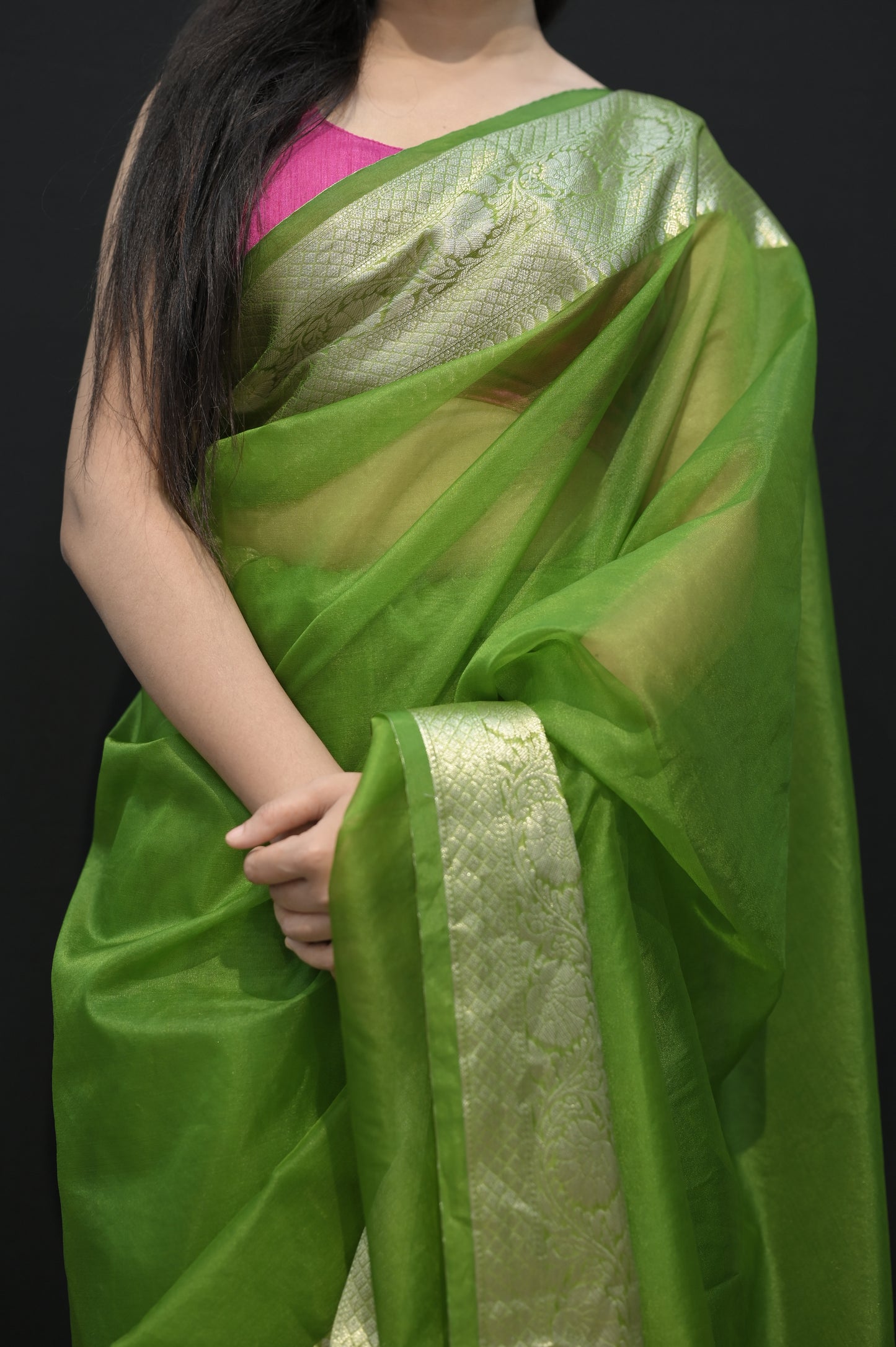 Emerald Green Silk Saree with Golden Zari Border