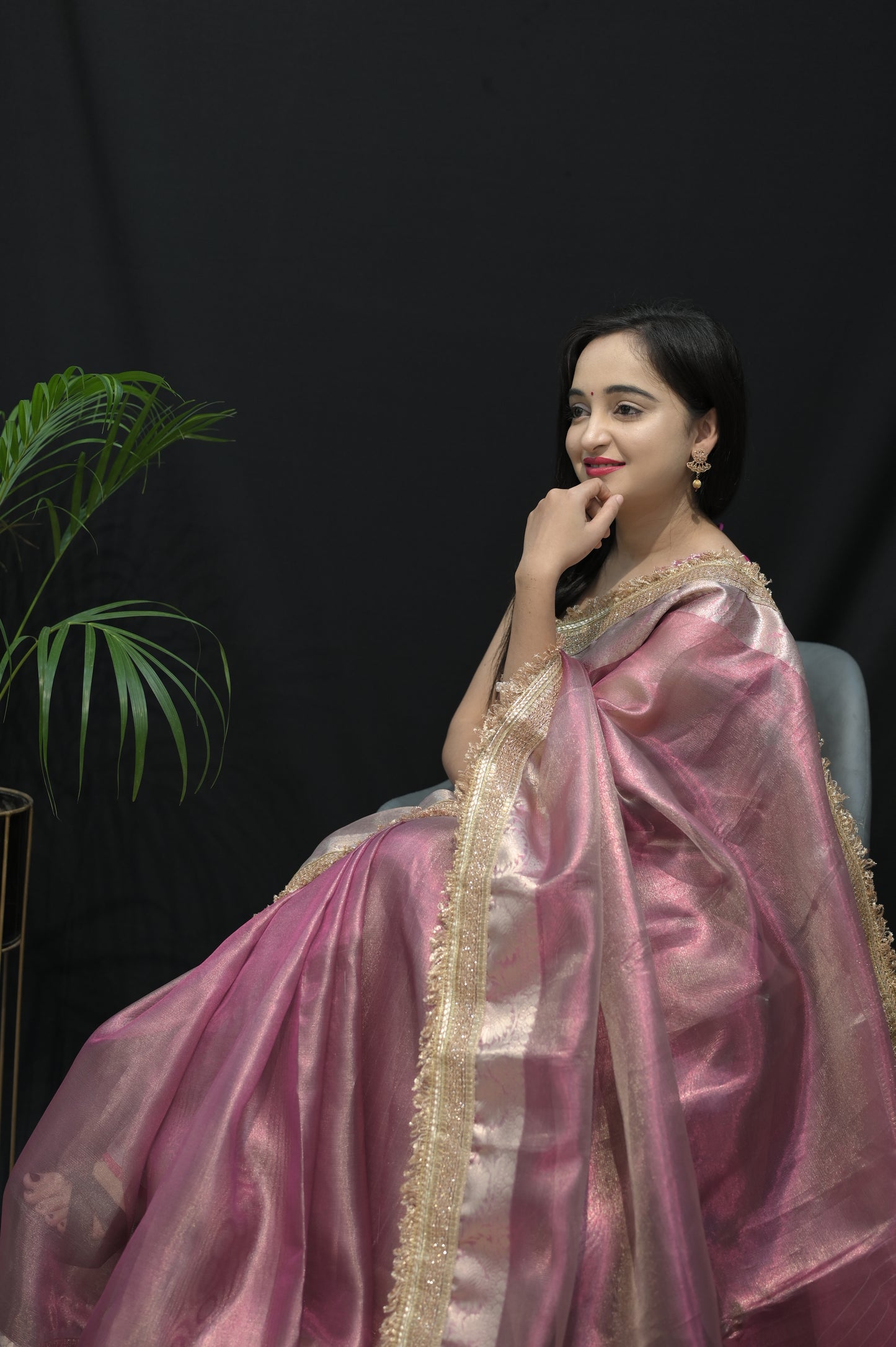 Rose Gold Organza Saree with Golden Zari Border