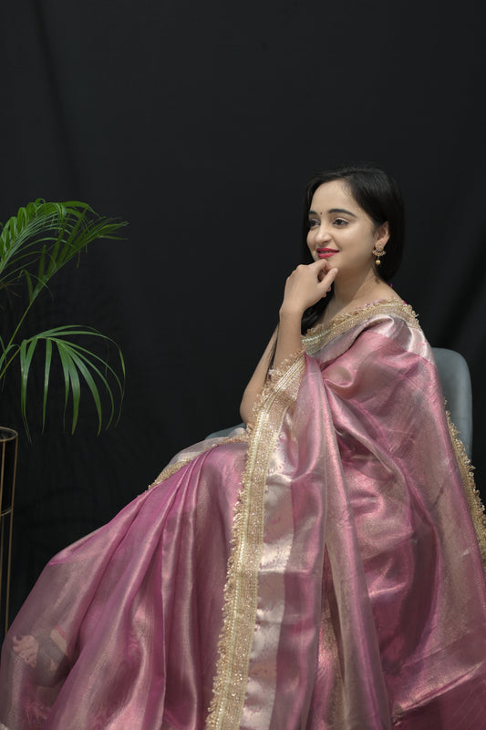 Rose Gold Organza Saree with Golden Zari Border