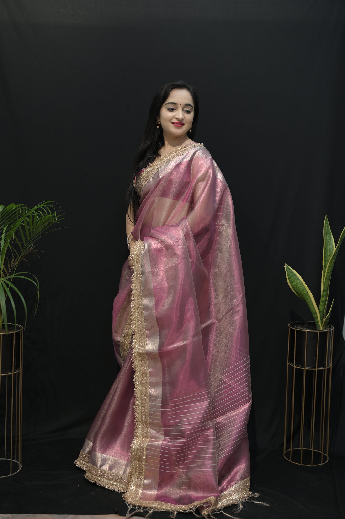 Rose Gold Organza Saree with Golden Zari Border