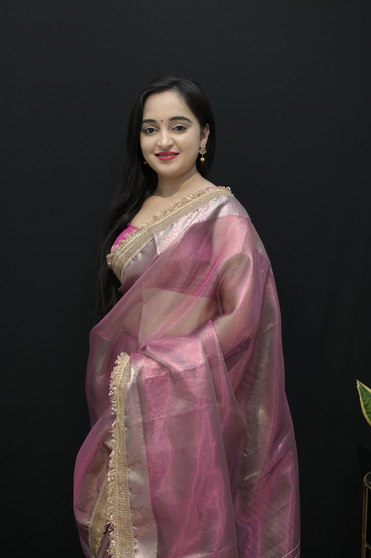 Rose Gold Organza Saree with Golden Zari Border
