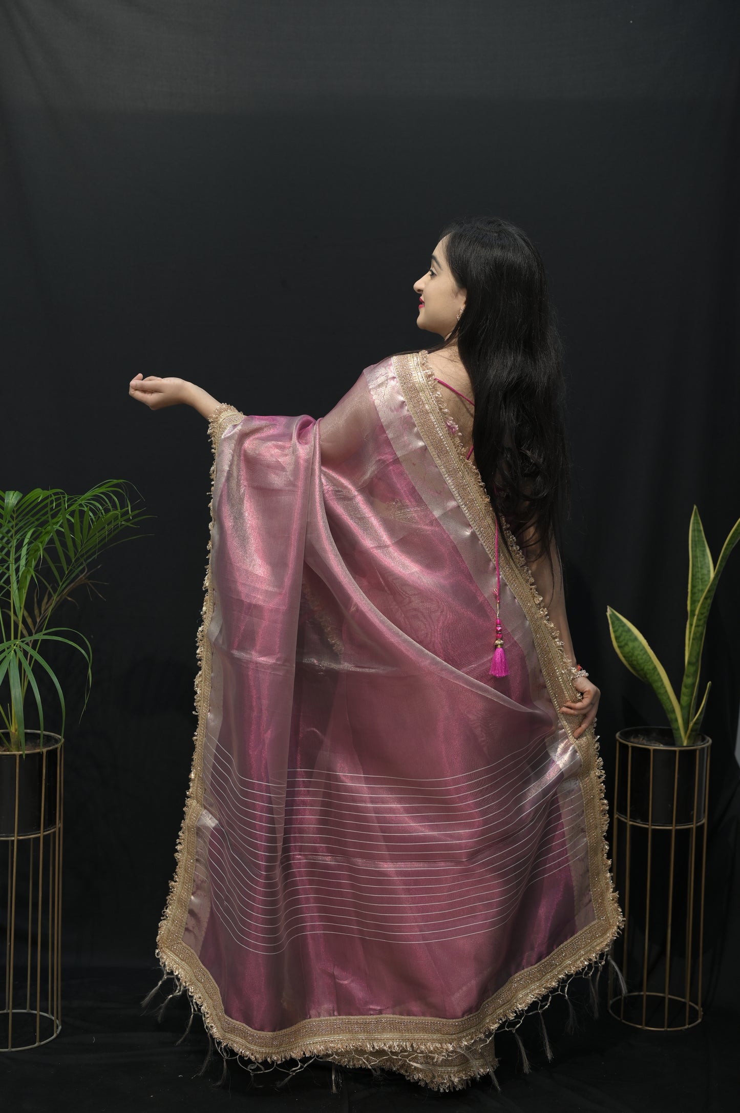 Rose Gold Organza Saree with Golden Zari Border