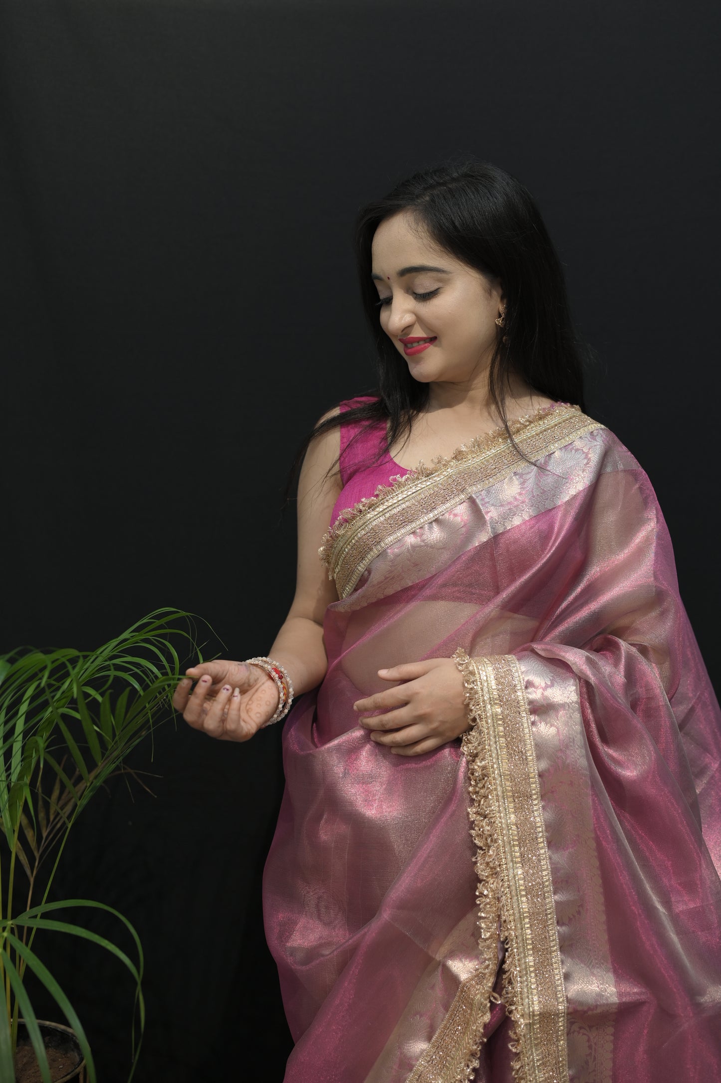 Rose Gold Organza Saree with Golden Zari Border