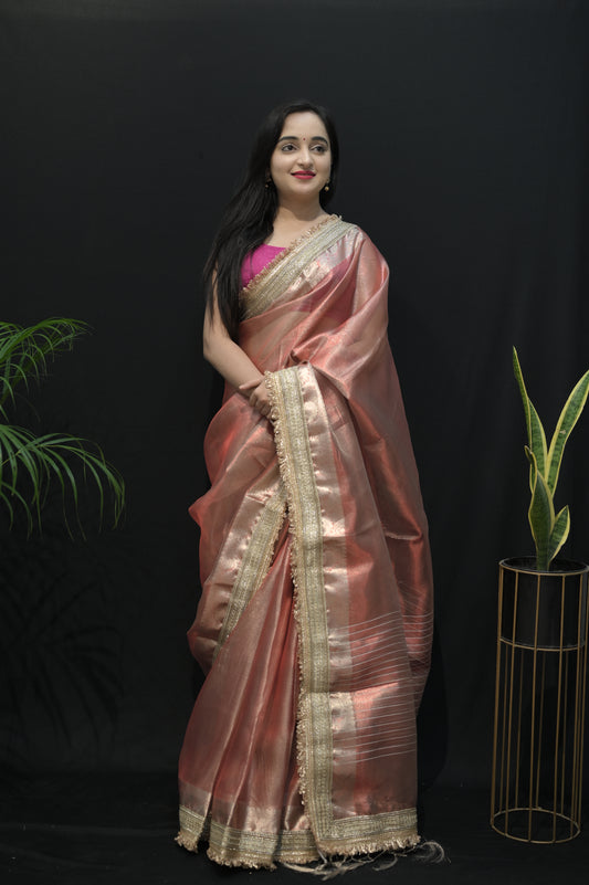 Copper Rose Organza Saree with Golden Zari Border