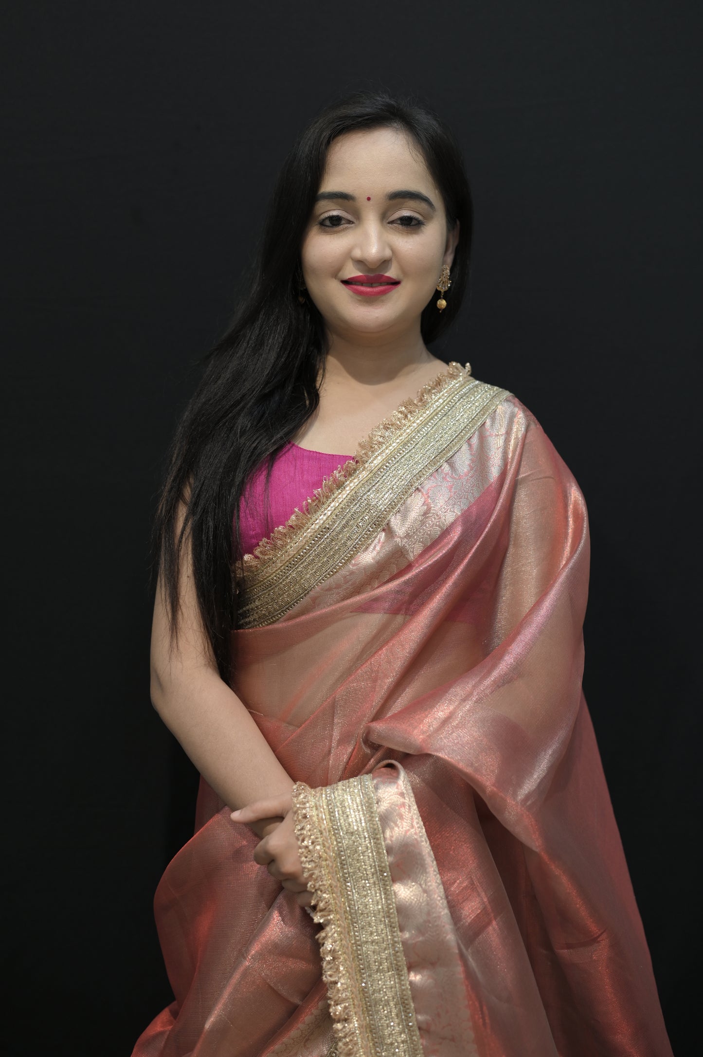 Copper Rose Organza Saree with Golden Zari Border