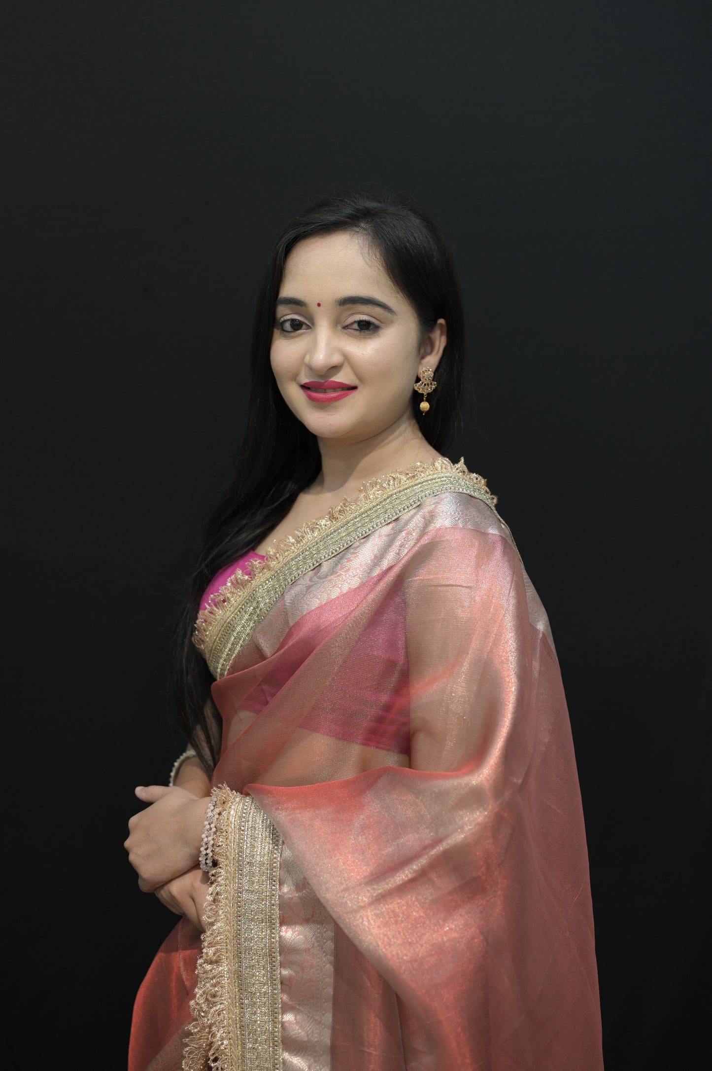 Copper Rose Organza Saree with Golden Zari Border