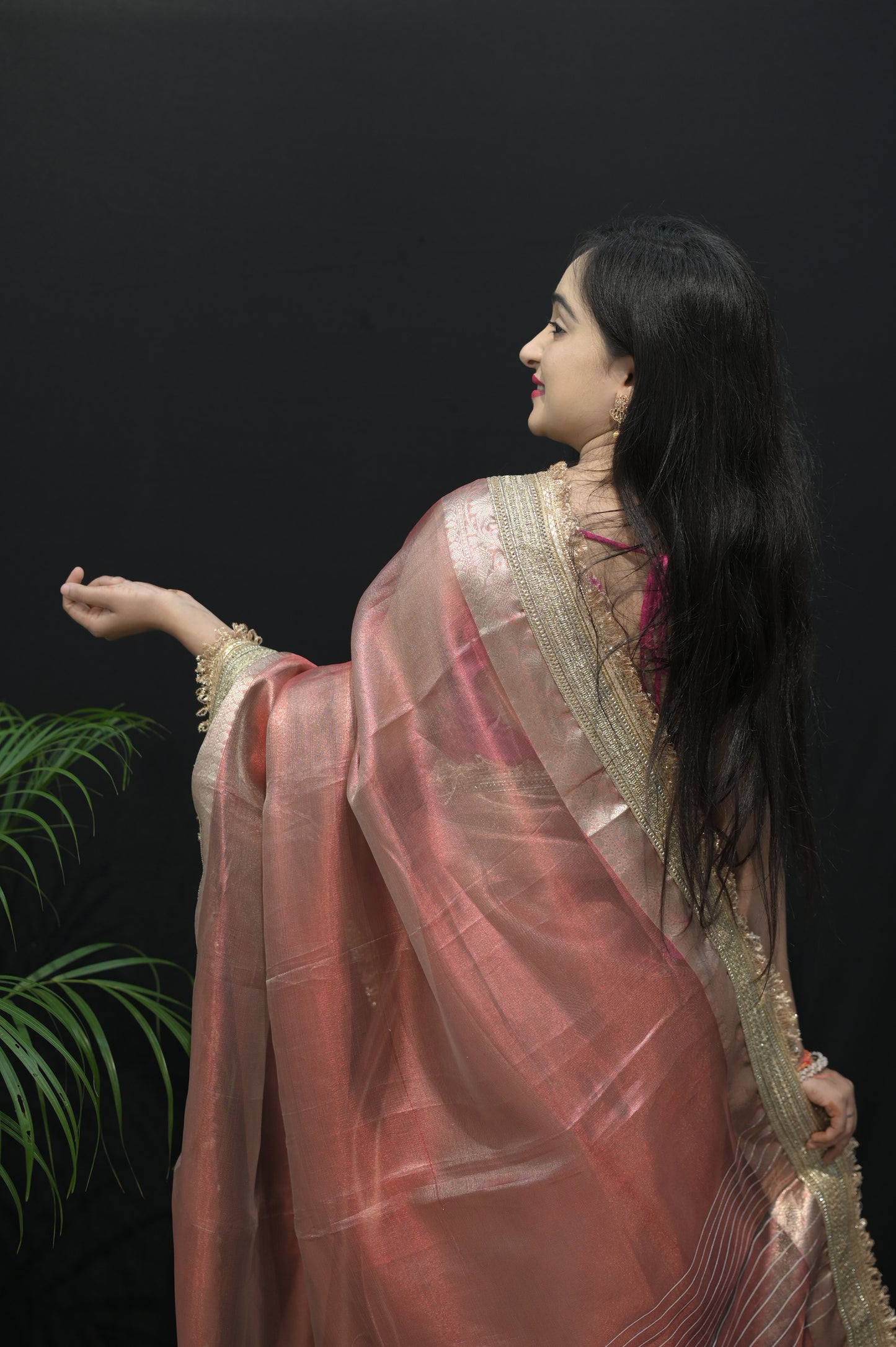 Copper Rose Organza Saree with Golden Zari Border