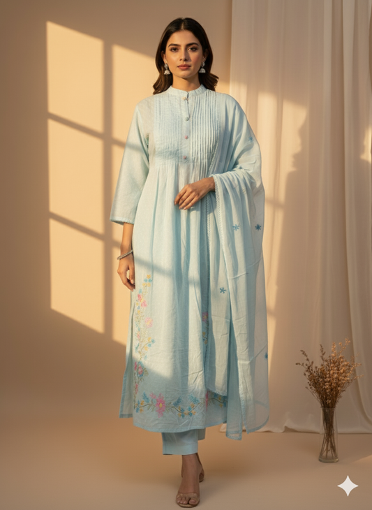 Blue Breeze Embroidered Kurti Set with Dupatta