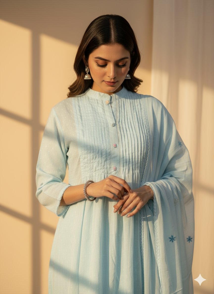 Blue Breeze Embroidered Kurti Set with Dupatta