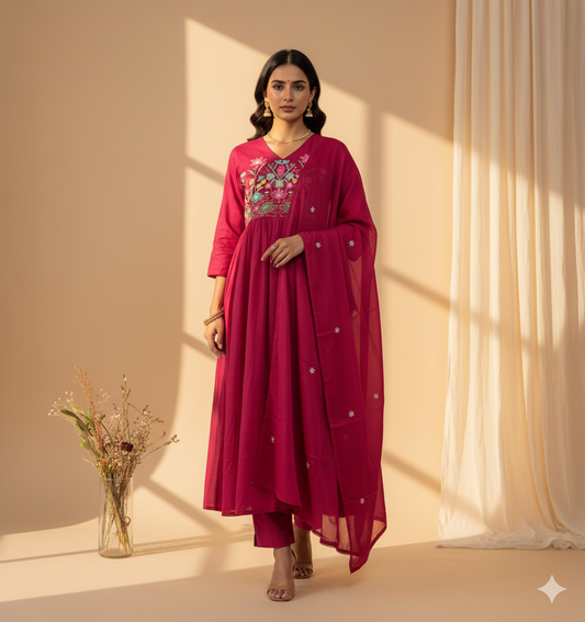 Crimson Garden Embroidered Anarkali Set with Dupatta