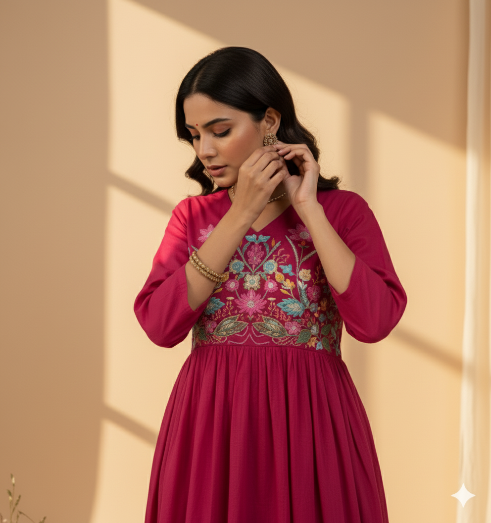 Crimson Garden Embroidered Anarkali Set with Dupatta