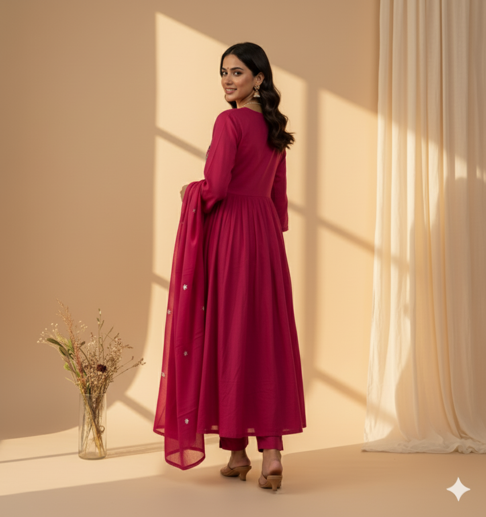 Crimson Garden Embroidered Anarkali Set with Dupatta