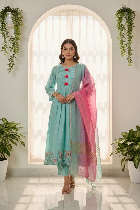 Aqua Bloom Embroidered Kurti Set with Dupatta