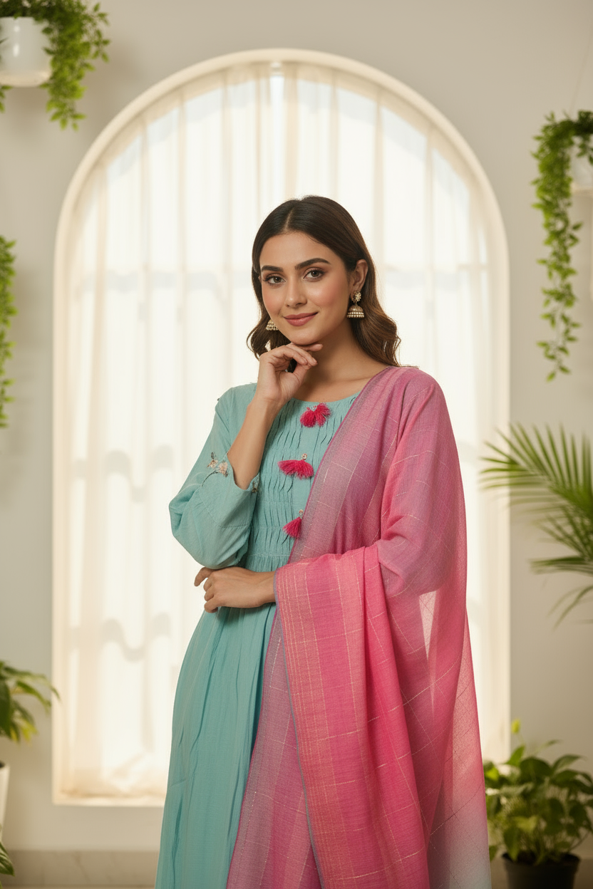 Aqua Bloom Embroidered Kurti Set with Dupatta