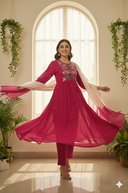 Rose Radiance Embroidered Anarkali Set with Dupatta
