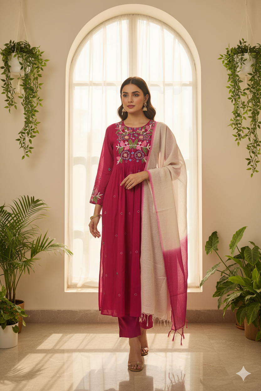 Rose Radiance Embroidered Anarkali Set with Dupatta