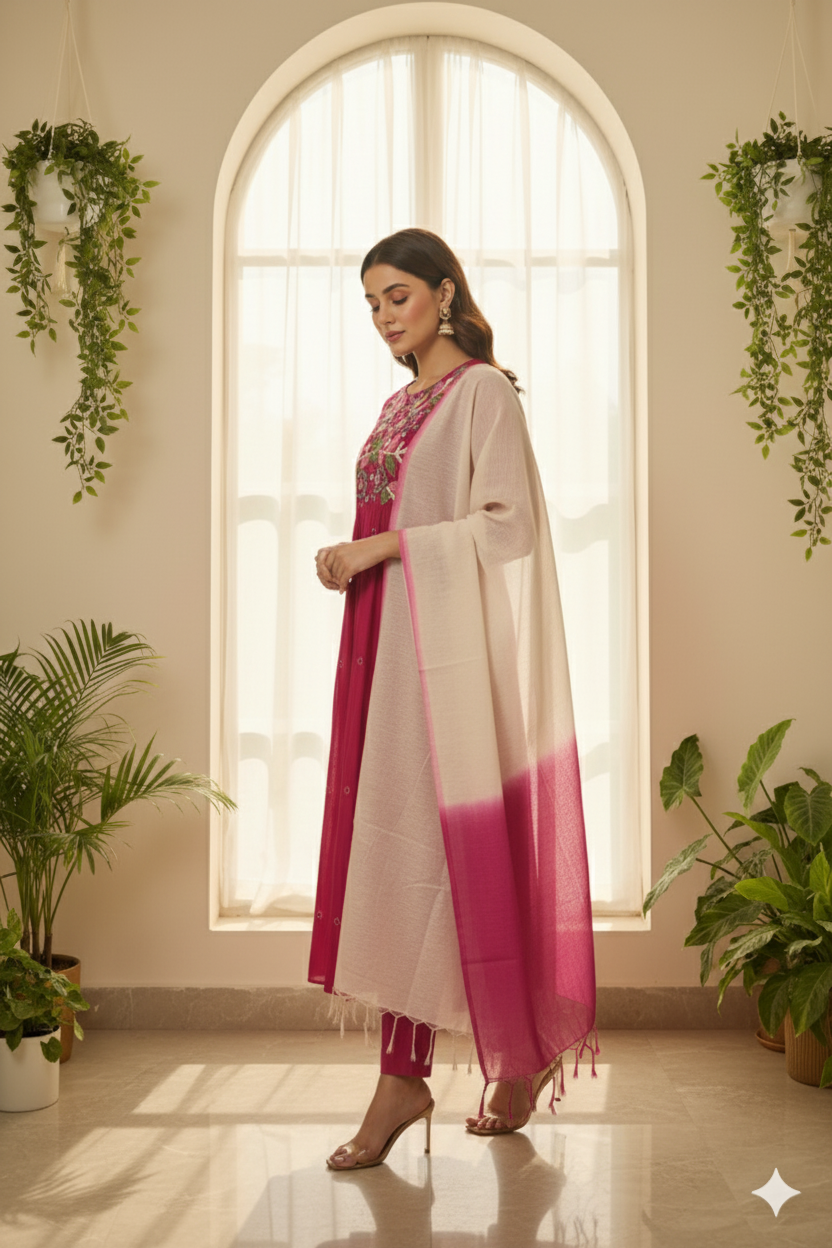 Rose Radiance Embroidered Anarkali Set with Dupatta