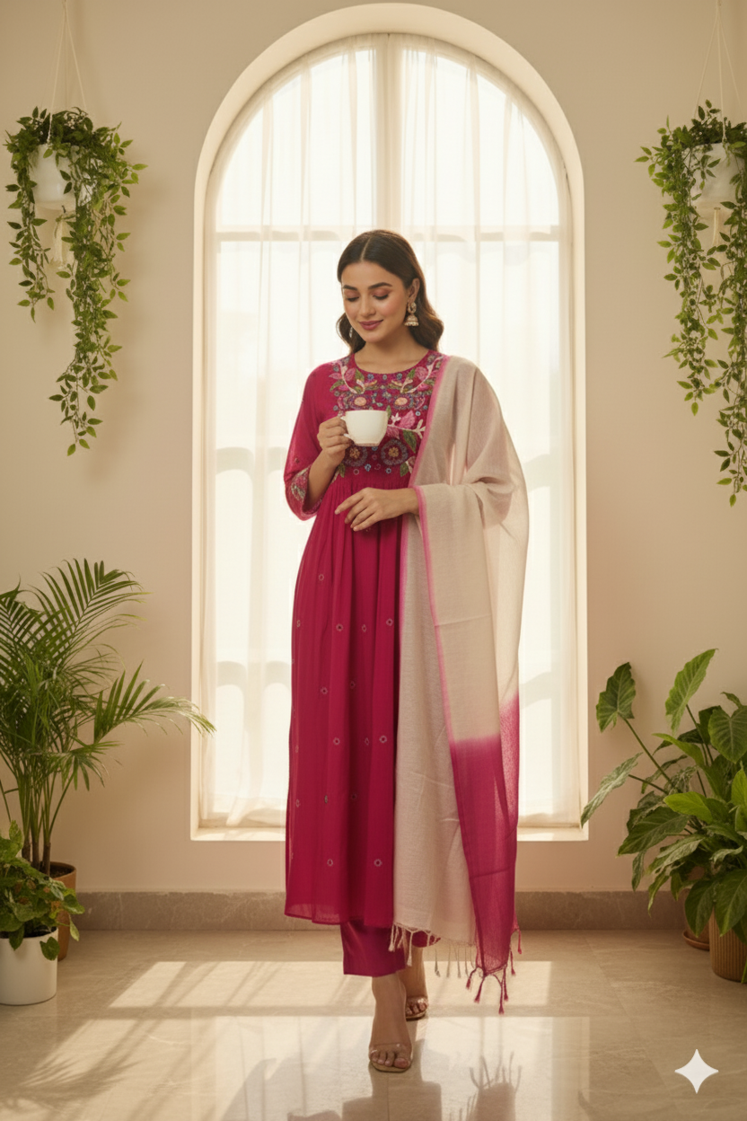 Rose Radiance Embroidered Anarkali Set with Dupatta
