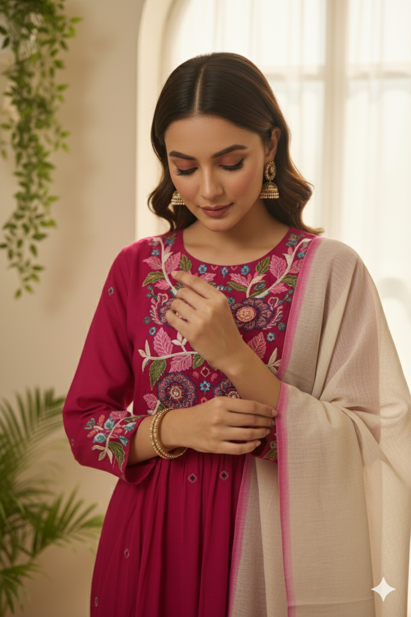 Rose Radiance Embroidered Anarkali Set with Dupatta