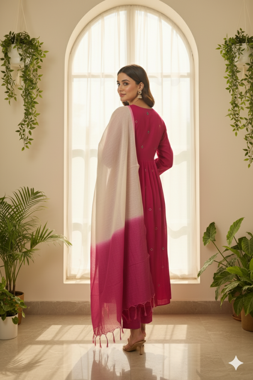 Rose Radiance Embroidered Anarkali Set with Dupatta