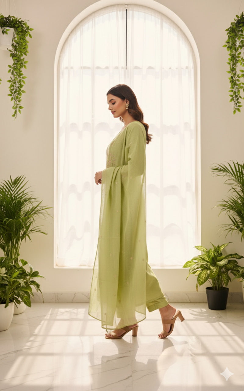Olive Dew Embroidered Kurti Set with Dupatta
