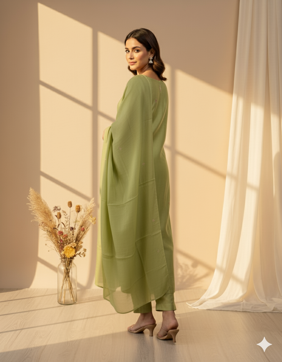 Olive Dew Embroidered Kurti Set with Dupatta