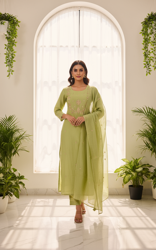 Olive Dew Embroidered Kurti Set with Dupatta