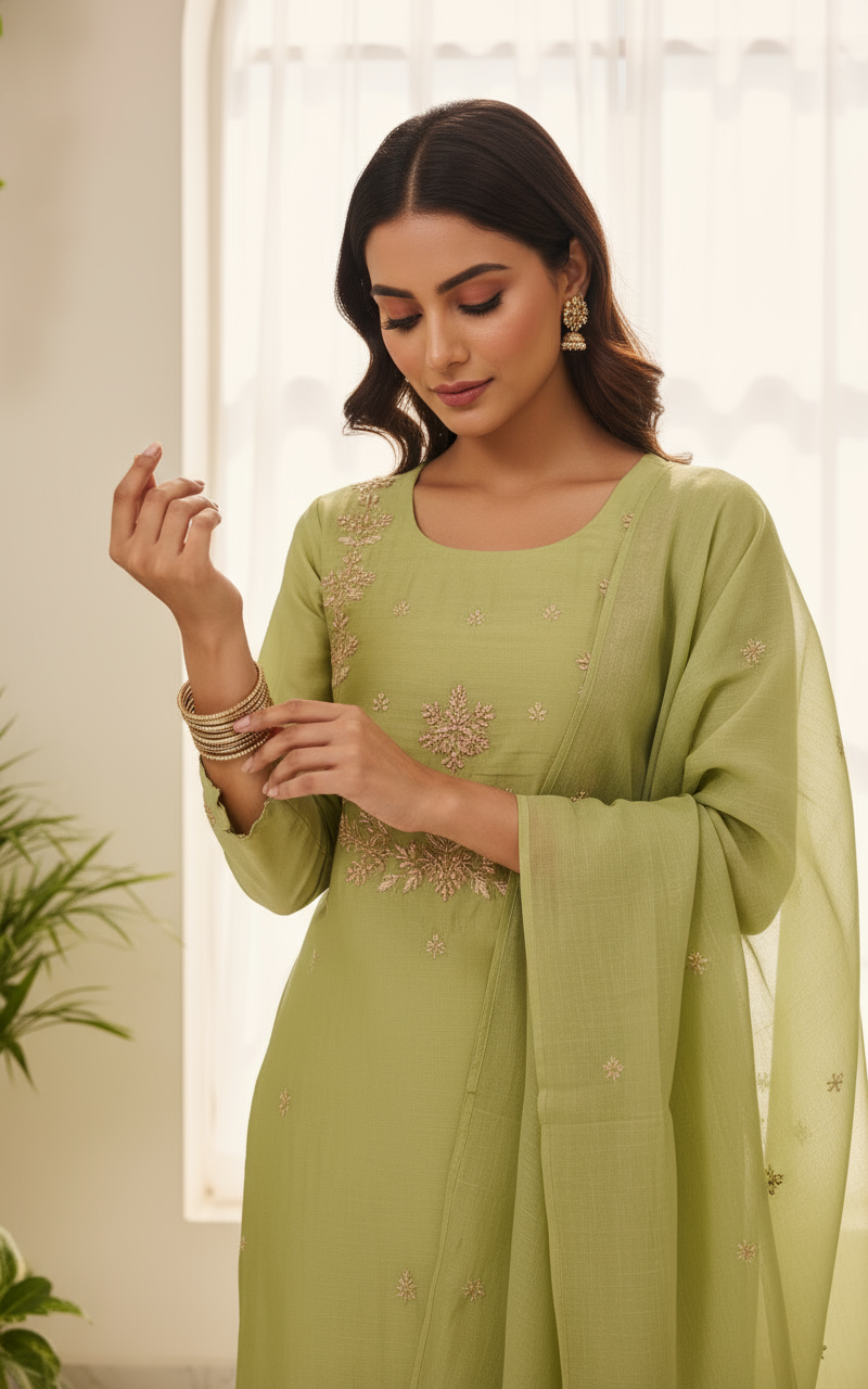 Olive Dew Embroidered Kurti Set with Dupatta