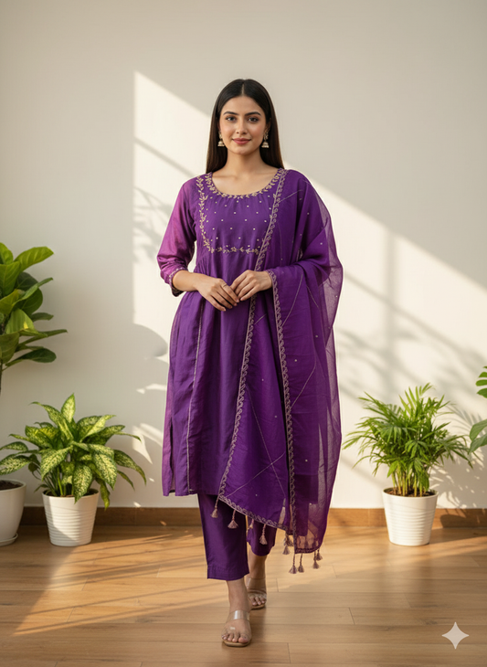 Royal Plum Embroidered Kurti Set with Dupatta