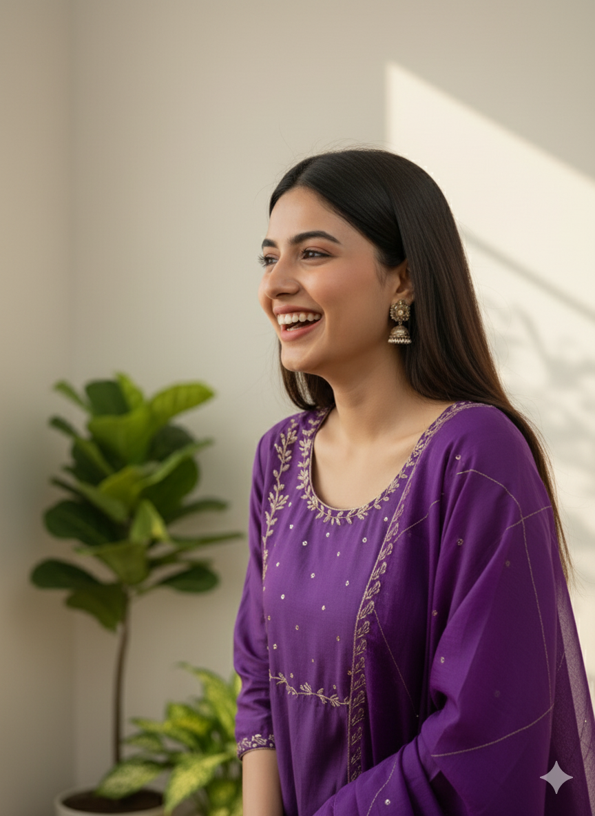 Royal Plum Embroidered Kurti Set with Dupatta
