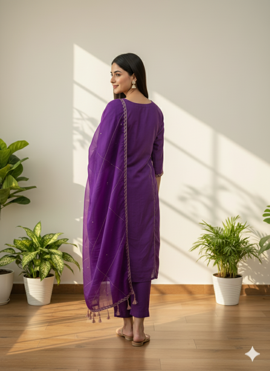 Royal Plum Embroidered Kurti Set with Dupatta