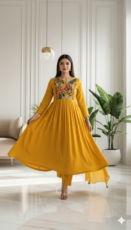 Golden Meadow Embroidered Anarkali Set with Dupatta