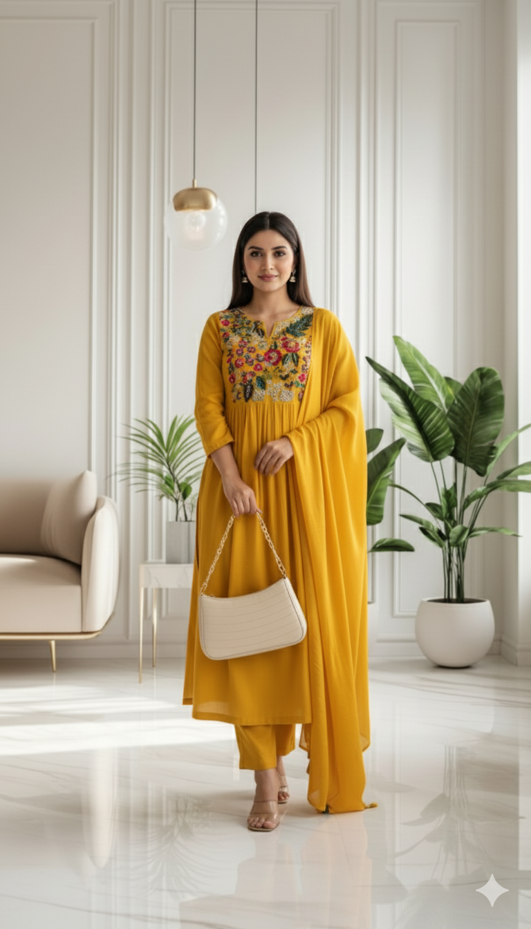 Golden Meadow Embroidered Anarkali Set with Dupatta