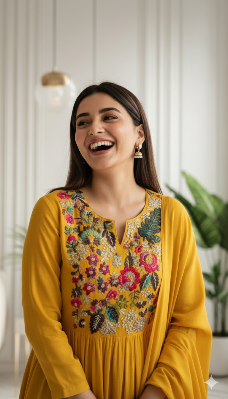 Golden Meadow Embroidered Anarkali Set with Dupatta