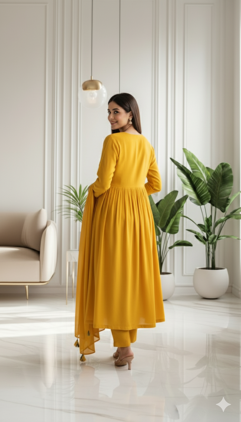 Golden Meadow Embroidered Anarkali Set with Dupatta