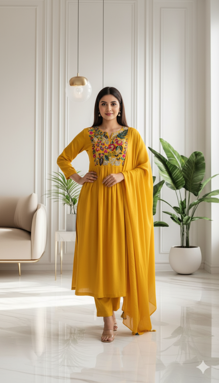 Golden Meadow Embroidered Anarkali Set with Dupatta