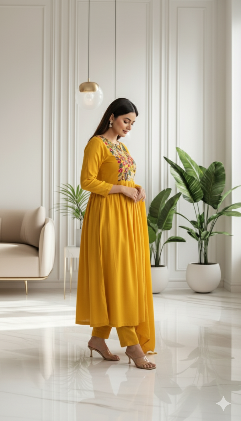 Golden Meadow Embroidered Anarkali Set with Dupatta
