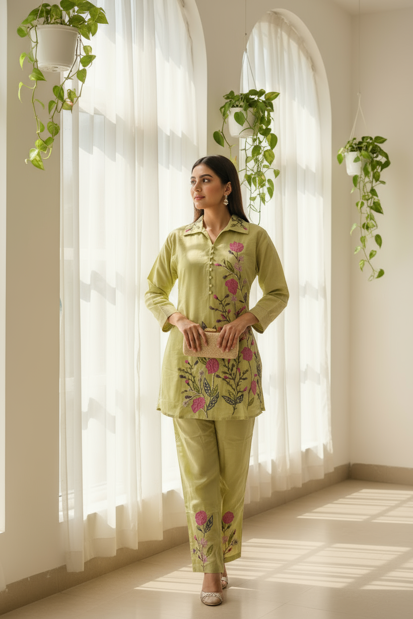 Olive Bloom Embroidered Set