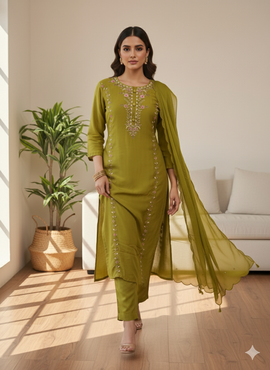 Olive Grace Embroidered Kurti Set with Dupatta