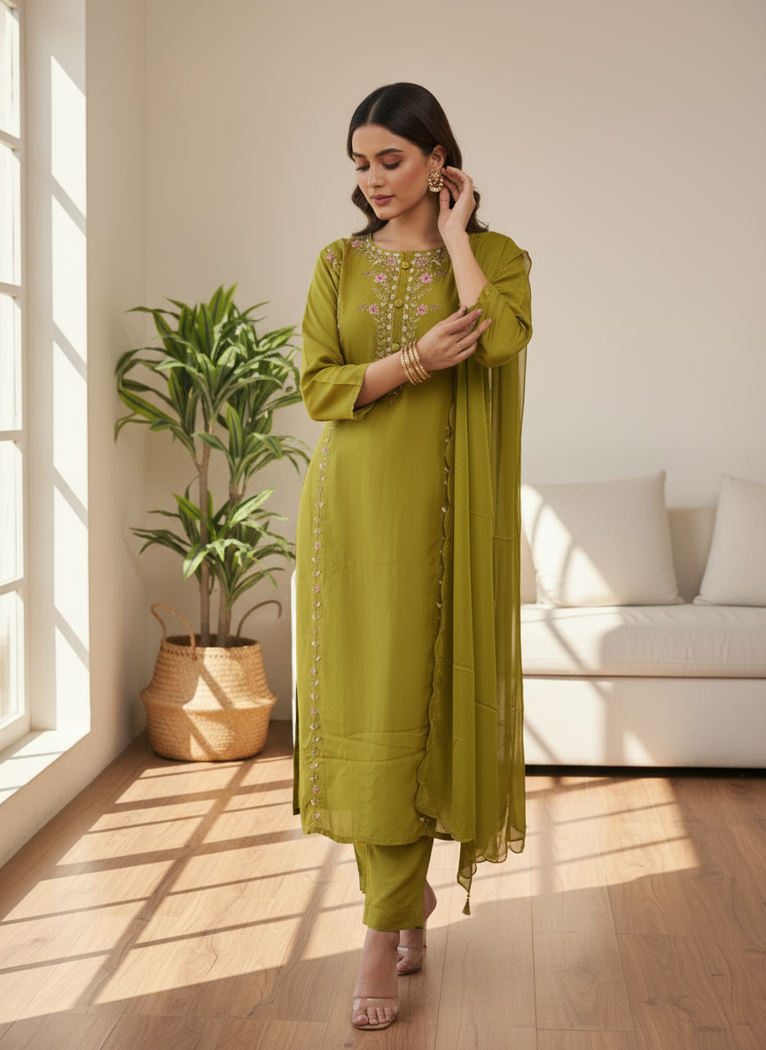 Olive Grace Embroidered Kurti Set with Dupatta
