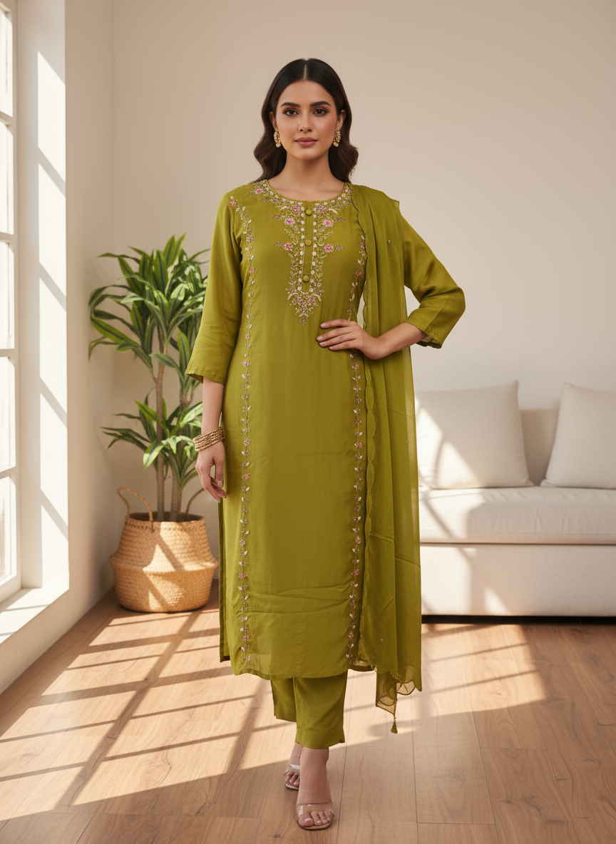 Olive Grace Embroidered Kurti Set with Dupatta