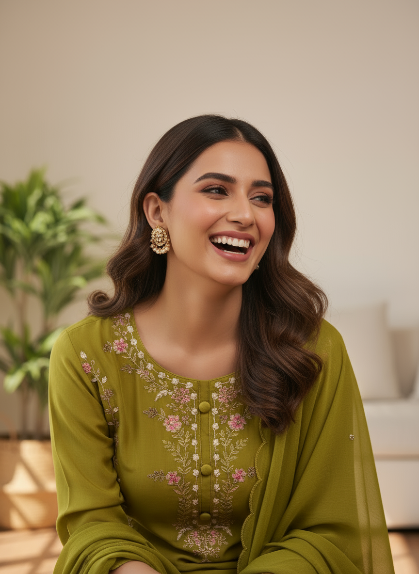 Olive Grace Embroidered Kurti Set with Dupatta