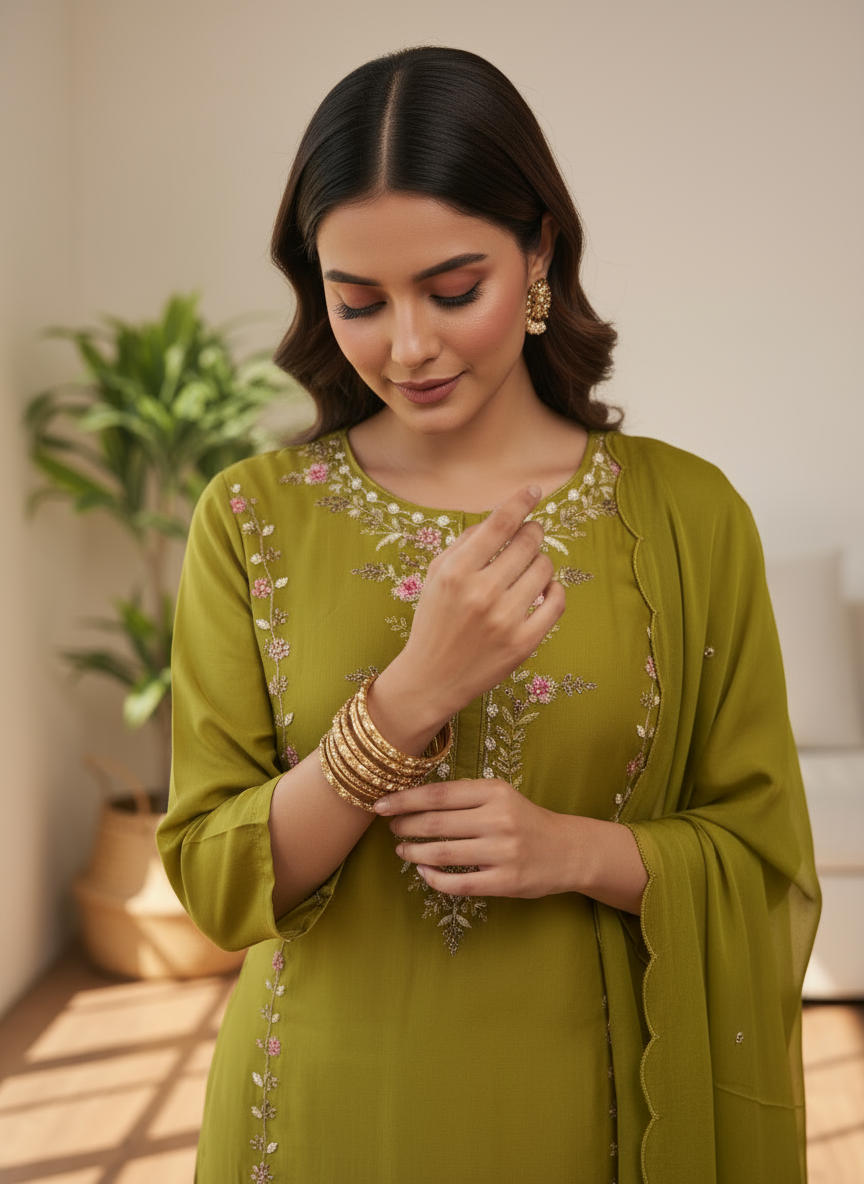 Olive Grace Embroidered Kurti Set with Dupatta