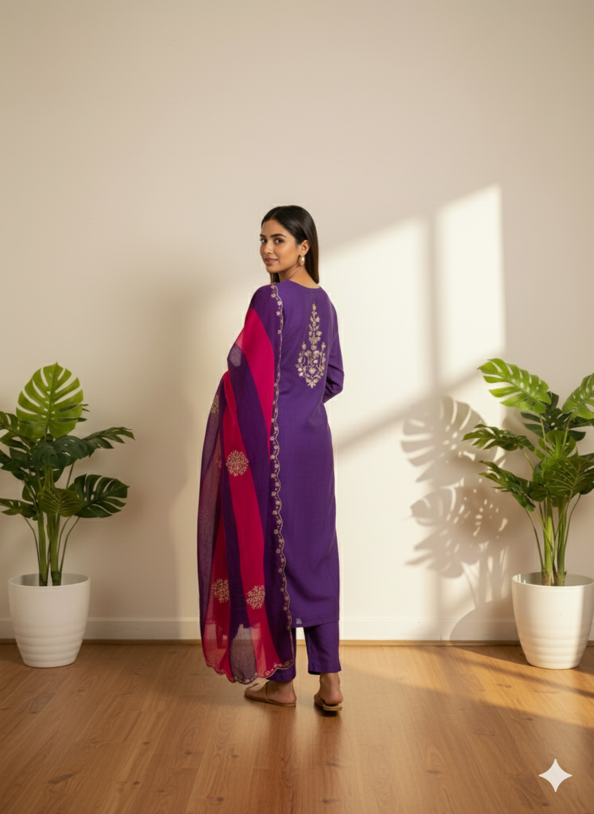 Royal Orchid Embroidered Kurti Set with Dupatta